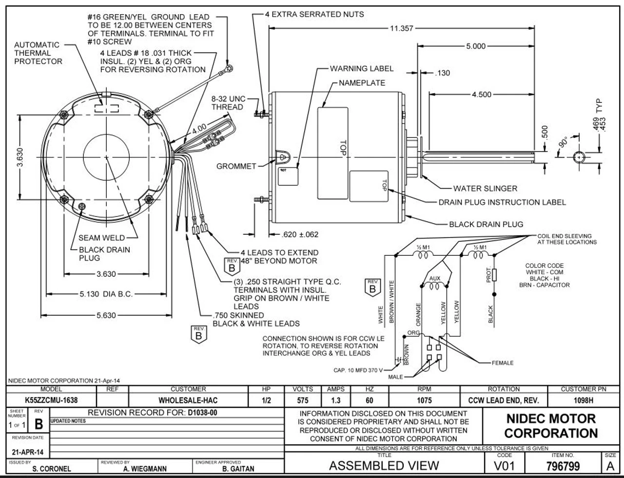 1098H Nidec | 1/2 Hp 1075 RPM 1-Speed 575V; 5.6" Condenser Motor 2 1098H Nidec | 1/2 Hp 1075 RPM 1-Speed 575V; 5.6" Condenser Motor - Image 2