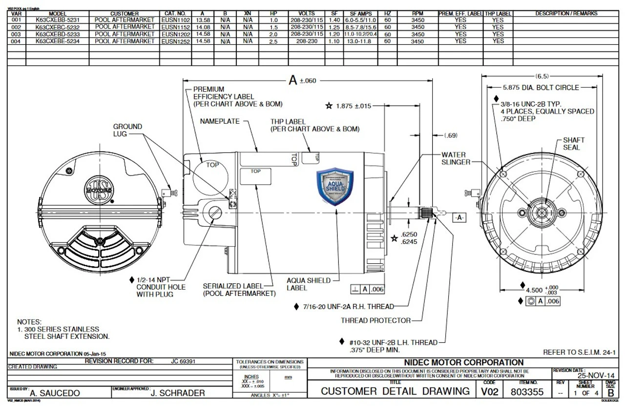 EUSN1202 US Motors 2 Hp 3450 RPM 56J 115/208-230V (ODP) High Efficiency Switchless Pool Pump Motor 2 EUSN1202 US Motors 2 Hp 3450 RPM 56J 115/208-230V (ODP) High Efficiency Switchless Pool Pump Motor - Image 2