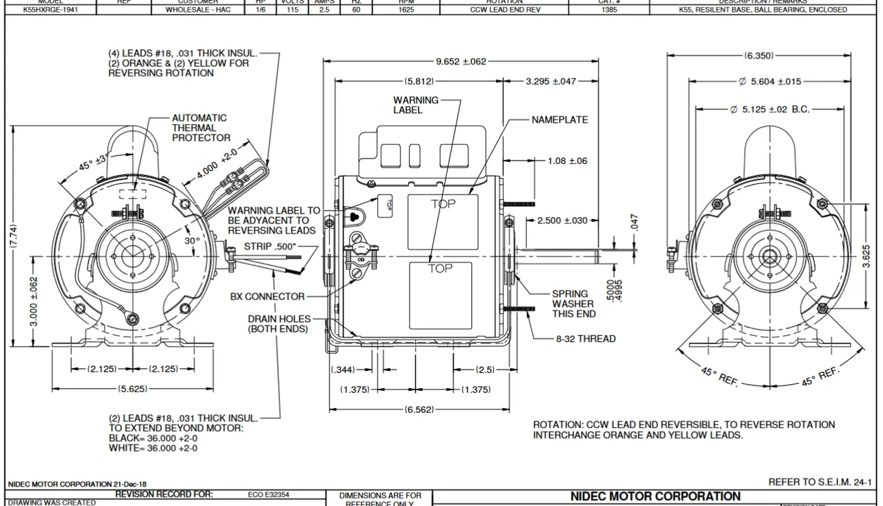1385 Nidec 1/6 Hp 1625 RPM 230V 5.6" Dia. (Base) 1-Speed TEAO Unit Heater Motor 2 1385 Nidec 1/6 Hp 1625 RPM 230V 5.6" Dia. (Base) 1-Speed TEAO Unit Heater Motor - Image 2