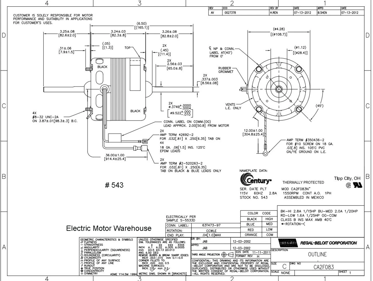 Model 543 Century 1/15 Hp 1550 RPM 1-Speed 4.4" Diameter 115 Volts Century # 543 4 Model 543 Century 1/15 Hp 1550 RPM 1-Speed 4.4" Diameter 115 Volts Century # 543 - Image 4