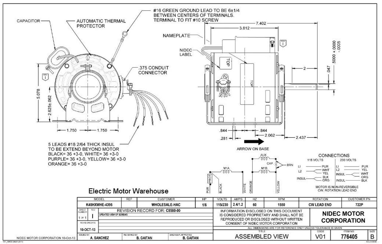 722P Nidec | 1/6 Hp 1550 RPM 1-Speed 115/230V; 5.0" Blower Motor 2 722P Nidec | 1/6 Hp 1550 RPM 1-Speed 115/230V; 5.0" Blower Motor - Image 2