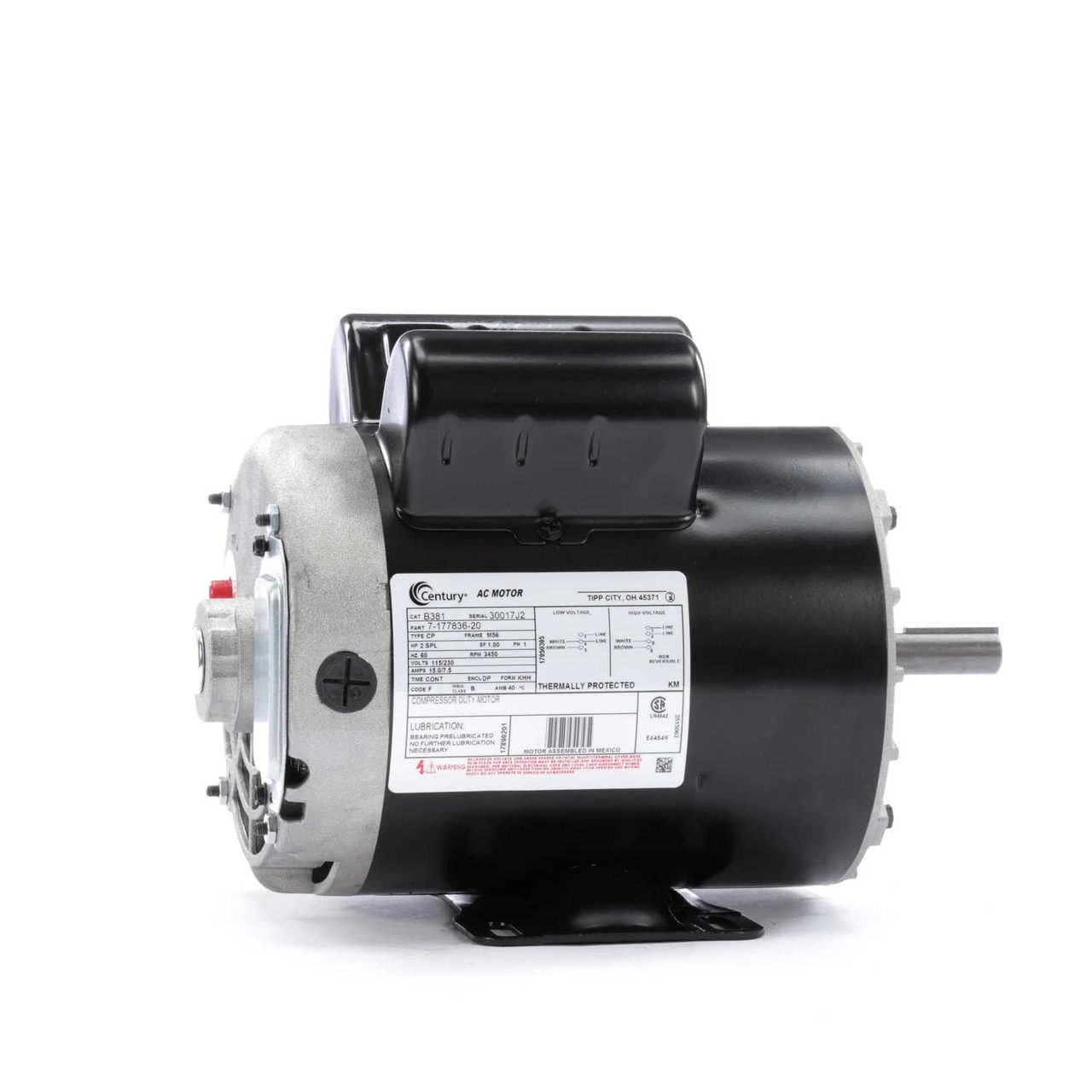 B381 Century 2 HP SPL 3450 RPM M56 Frame 115/230V Air Compressor Motor - Century #B381 2 B381 Century 2 HP SPL 3450 RPM M56 Frame 115/230V Air Compressor Motor - Century #B381 - Image 2