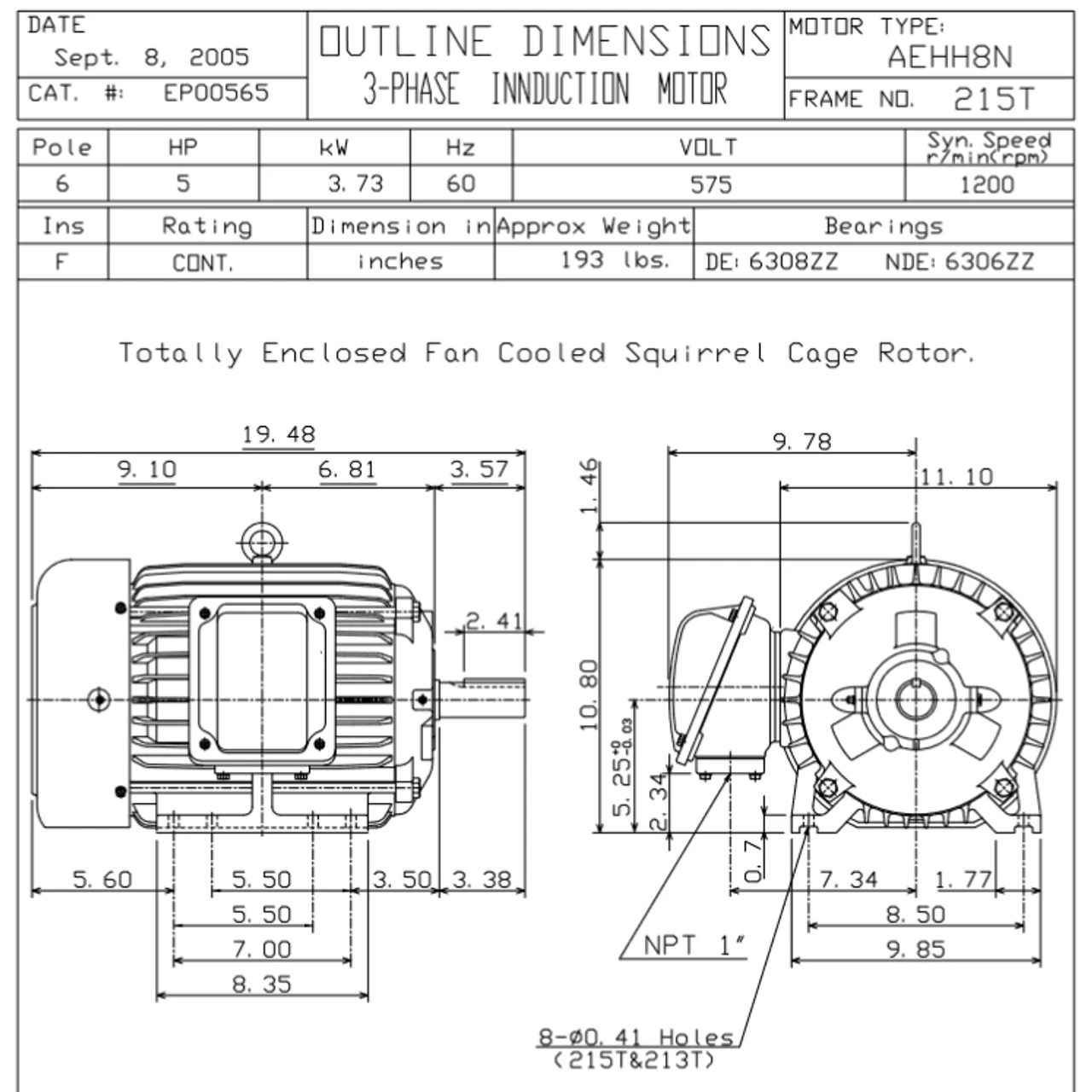 EP00565 TECO Westinghouse 5 Hp 1200 RPM 213T Cast Iron 575V TEFC Severe Duty 3-Phase Motor 2 EP00565 TECO Westinghouse 5 Hp 1200 RPM 213T Cast Iron 575V TEFC Severe Duty 3-Phase Motor - Image 2