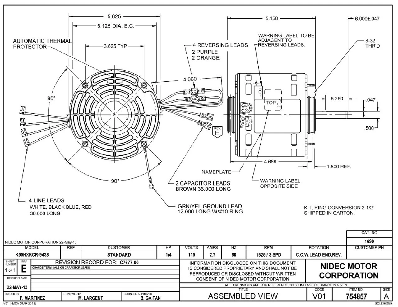 1690 Nidec | 1/4 Hp 1625 RPM 3-Speed 115V; 5.6" Blower Motor 2 1690 Nidec | 1/4 Hp 1625 RPM 3-Speed 115V; 5.6" Blower Motor - Image 2