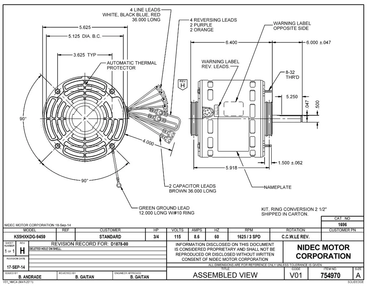 1696 Nidec | 3/4 Hp 1625 RPM 3-Speed 115V; 5.6" Blower Motor 2 1696 Nidec | 3/4 Hp 1625 RPM 3-Speed 115V; 5.6" Blower Motor - Image 2