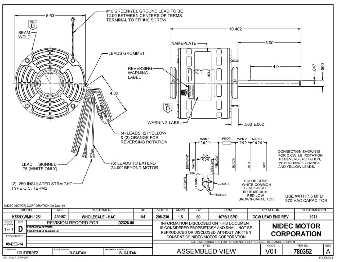 1971 Nidec | 1/4 Hp 1075 RPM 3-Speed 208-230V; 5.6" Blower Motor 2 1971 Nidec | 1/4 Hp 1075 RPM 3-Speed 208-230V; 5.6" Blower Motor - Image 2