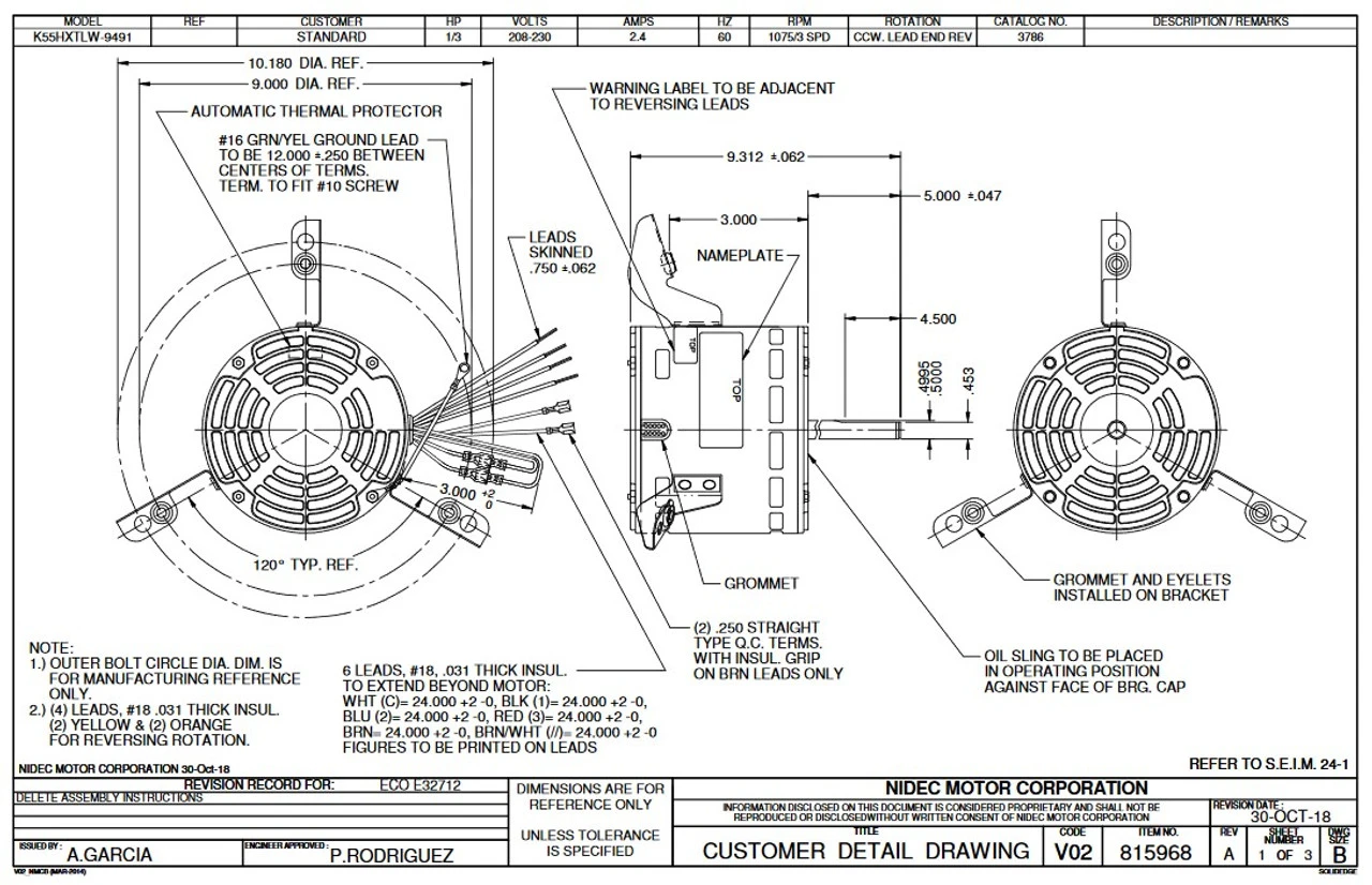 3786 Nidec | 1/3 Hp 1075 RPM 3-Speed 208-230V; 5.6" Blower Motor 2 3786 Nidec | 1/3 Hp 1075 RPM 3-Speed 208-230V; 5.6" Blower Motor - Image 2