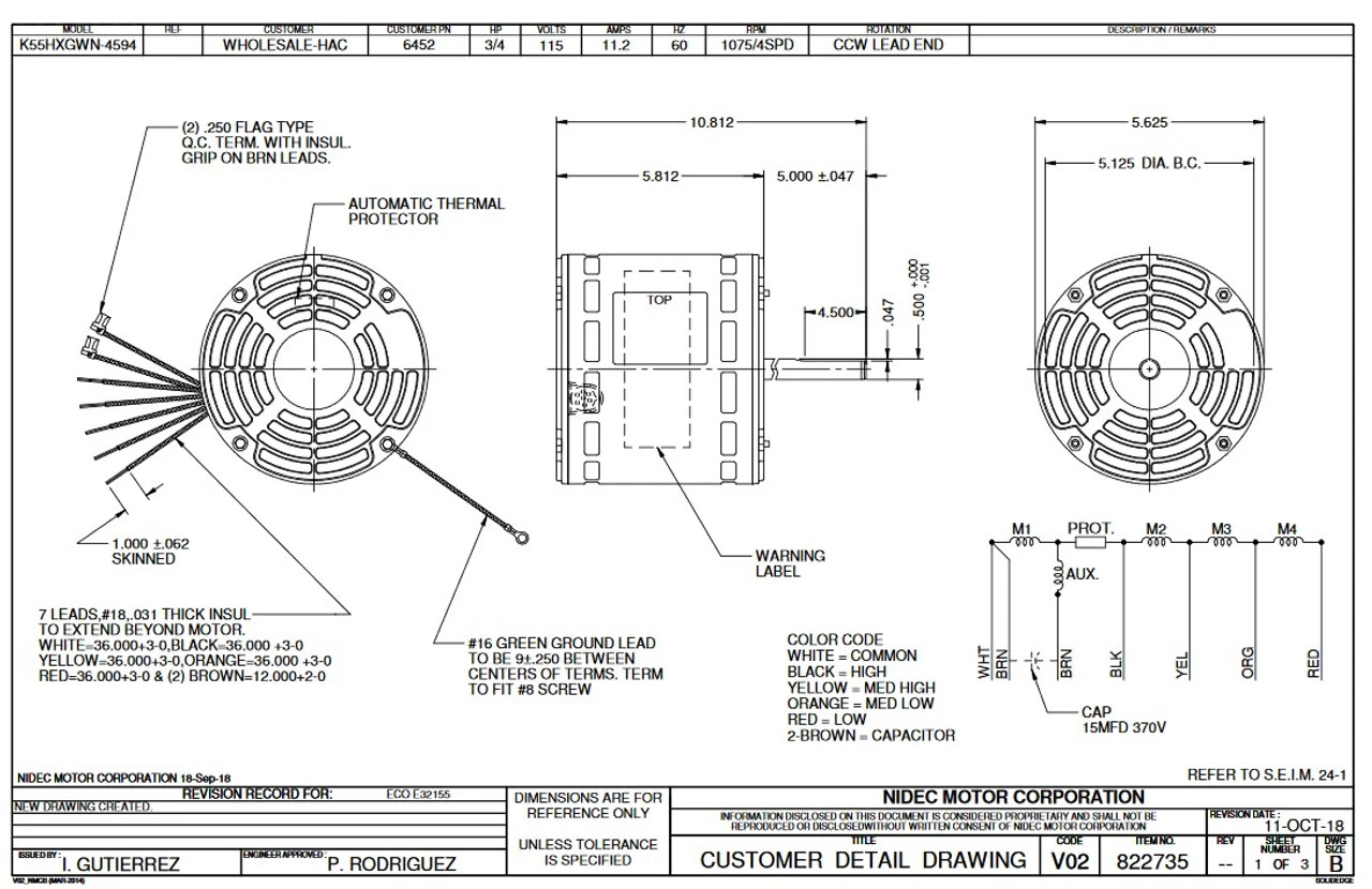 6452 Nidec | 3/4 Hp 1075 RPM 4-Speed 115V; 5.6" Blower Motor 2 6452 Nidec | 3/4 Hp 1075 RPM 4-Speed 115V; 5.6" Blower Motor - Image 2