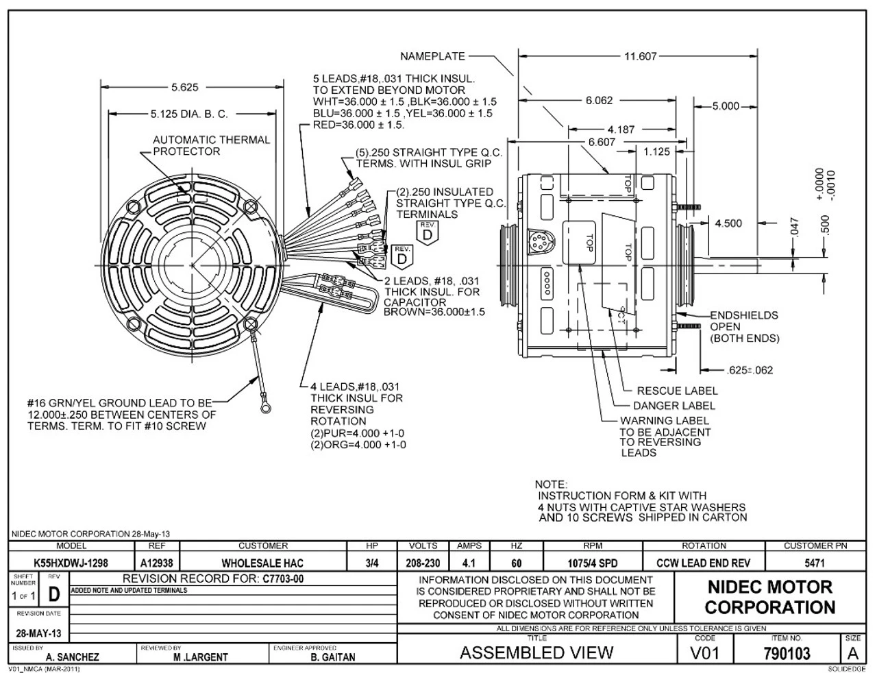 5471 Nidec | 3/4 Hp 1075 RPM 4-Speed 208-230V; 5.6" Blower Motor 2 5471 Nidec | 3/4 Hp 1075 RPM 4-Speed 208-230V; 5.6" Blower Motor - Image 2