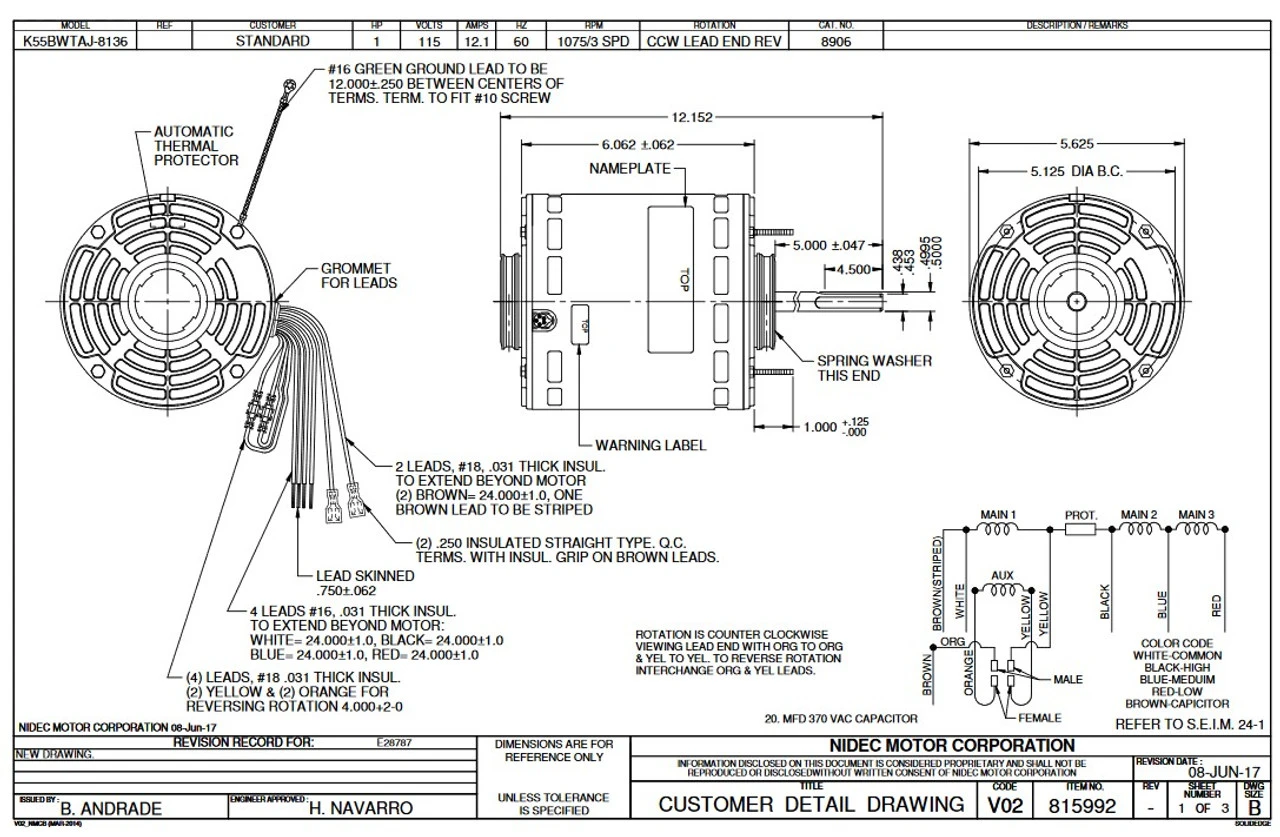 8906 Nidec | 1 Hp 1075 RPM 3-Speed 115V; 5.6" Blower Motor 2 8906 Nidec | 1 Hp 1075 RPM 3-Speed 115V; 5.6" Blower Motor - Image 2