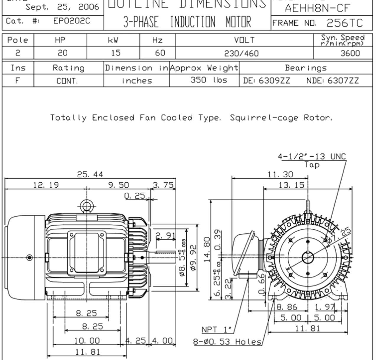 EP0202C TECO Westinghouse 20 Hp 3600 RPM 256TC Cast Iron 230/460V TEFC Severe Duty 3-Phase Motor 2 EP0202C TECO Westinghouse 20 Hp 3600 RPM 256TC Cast Iron 230/460V TEFC Severe Duty 3-Phase Motor - Image 2