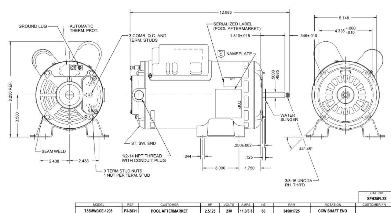 SPH25FL2S US Motors 2 1/2 Hp 3450/1725 RPM 48 Frame 115V Thru-Bolt Pool-Spa Motor 1 SPH25FL2S US Motors 2 1/2 Hp 3450/1725 RPM 48 Frame 115V Thru-Bolt Pool-Spa Motor