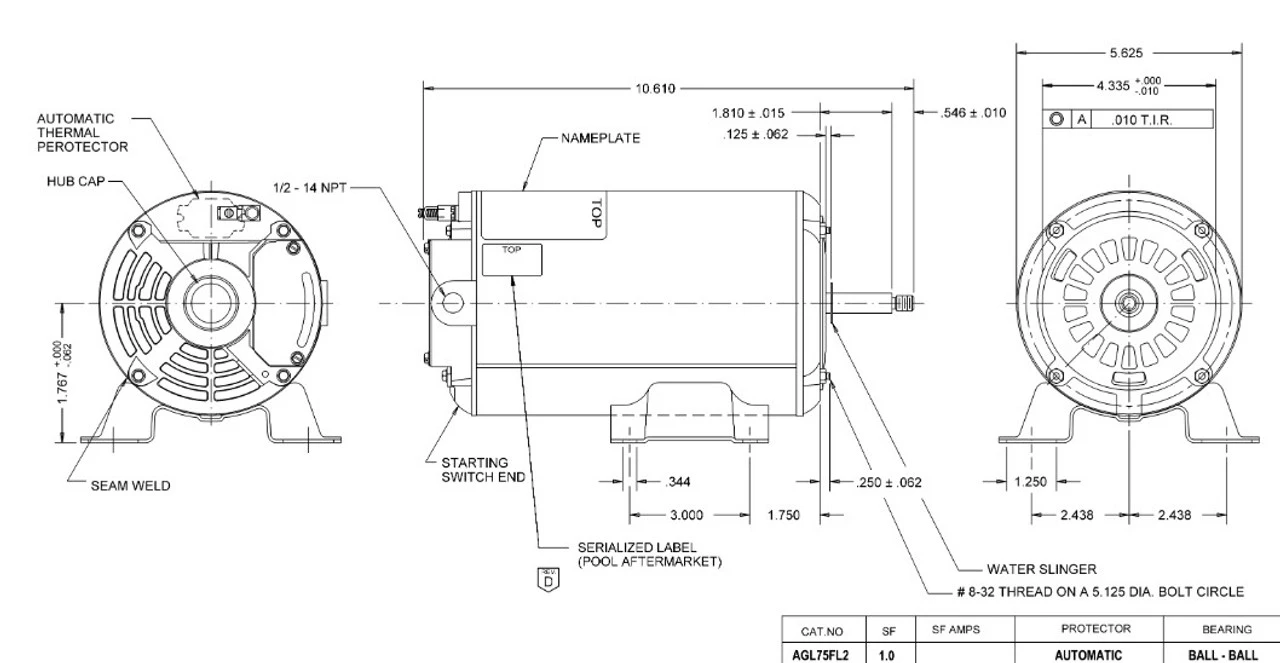AGL75FL2 US Motors 3/4 Hp 3450/1725 RPM 48 Frame 115V Thru-Bolt Pool-Spa Motor 1 AGL75FL2 US Motors 3/4 Hp 3450/1725 RPM 48 Frame 115V Thru-Bolt Pool-Spa Motor