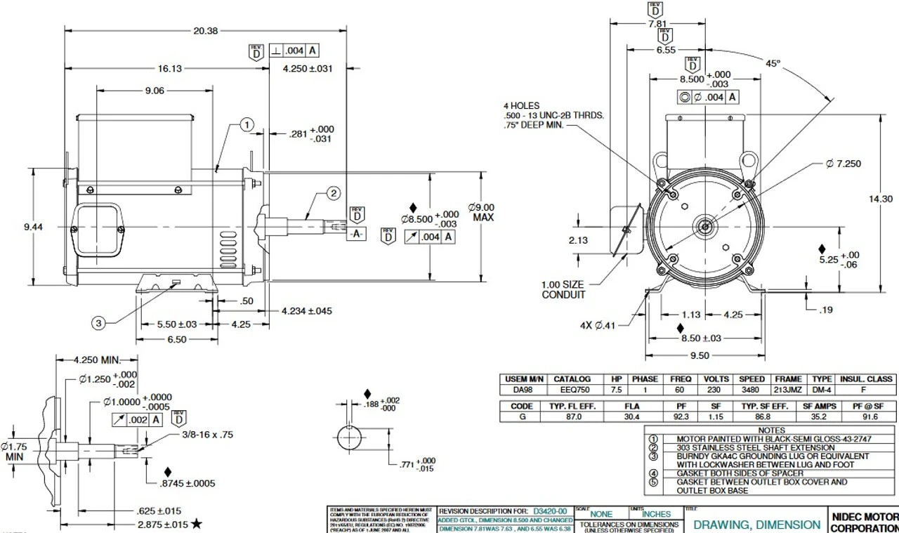 EEQ750 US Motors 7 1/2 Hp 3450 RPM 1-phase 213JMZ Frame 230V Close-Coupled Pool Pump Motor (Pentair EQ 357066 Replacement) 2 EEQ750 US Motors 7 1/2 Hp 3450 RPM 1-phase 213JMZ Frame 230V Close-Coupled Pool Pump Motor (Pentair EQ 357066 Replacement) - Image 2